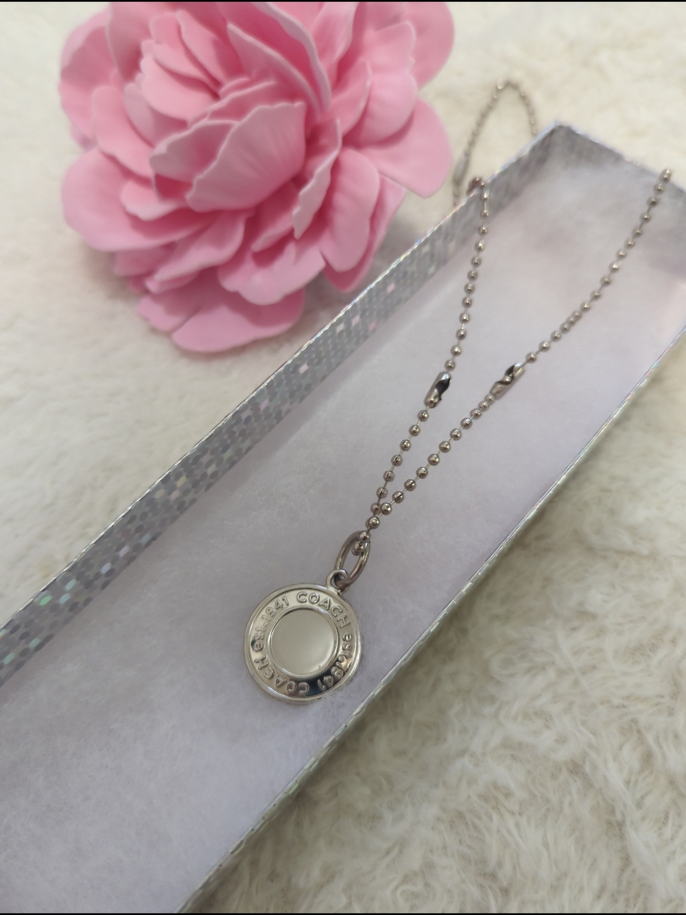 Coach Silver-Tone Round Logo Necklace Upcycled Charm Beautiful Condition